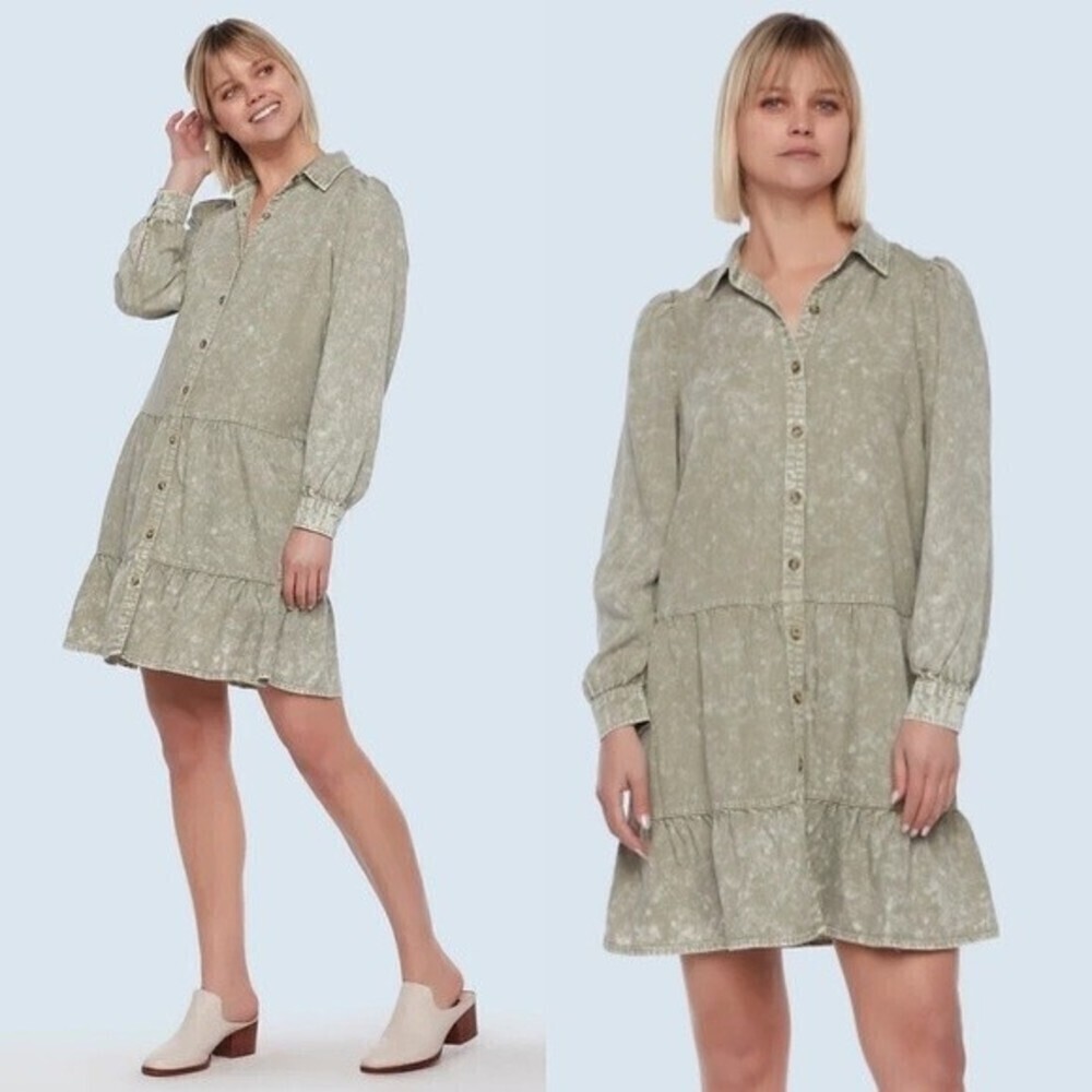 GUC Billy T Long Sleeve Button Down Flounce Dress Mineral Wash Sage Green Medium